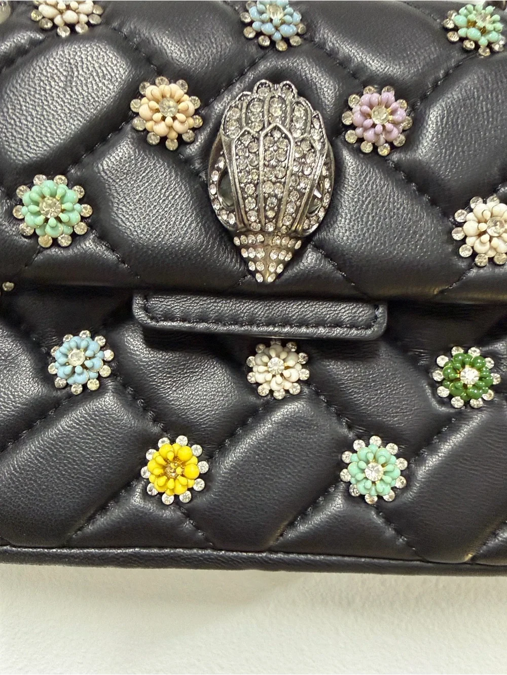 Kurt Geiger London Mini Kensington Black Quilted Bag Multicolor Flower Studs